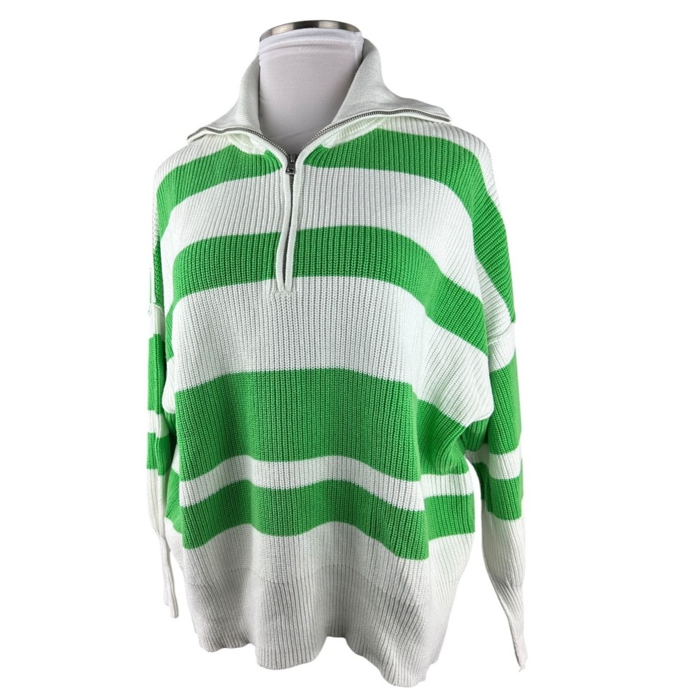 Aerie Green White Striped Beyond Quarter Zip Sweater Preppy Rugby Nautical Large - Picture 5 of 16